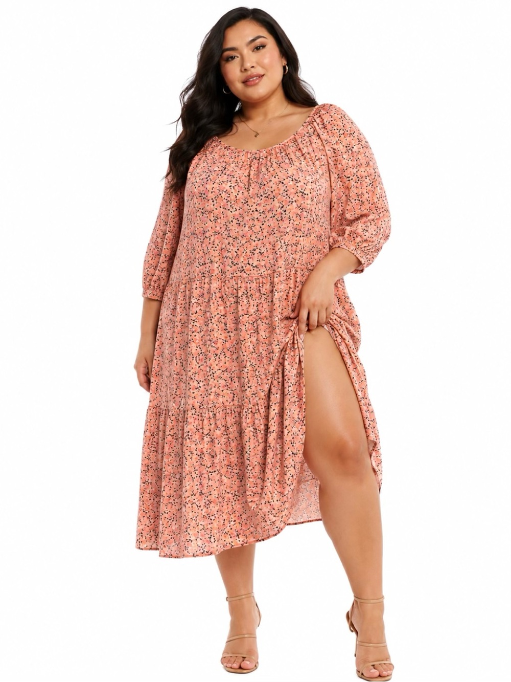 ellos Peach Floral Tiered Maxi Dress 3xl